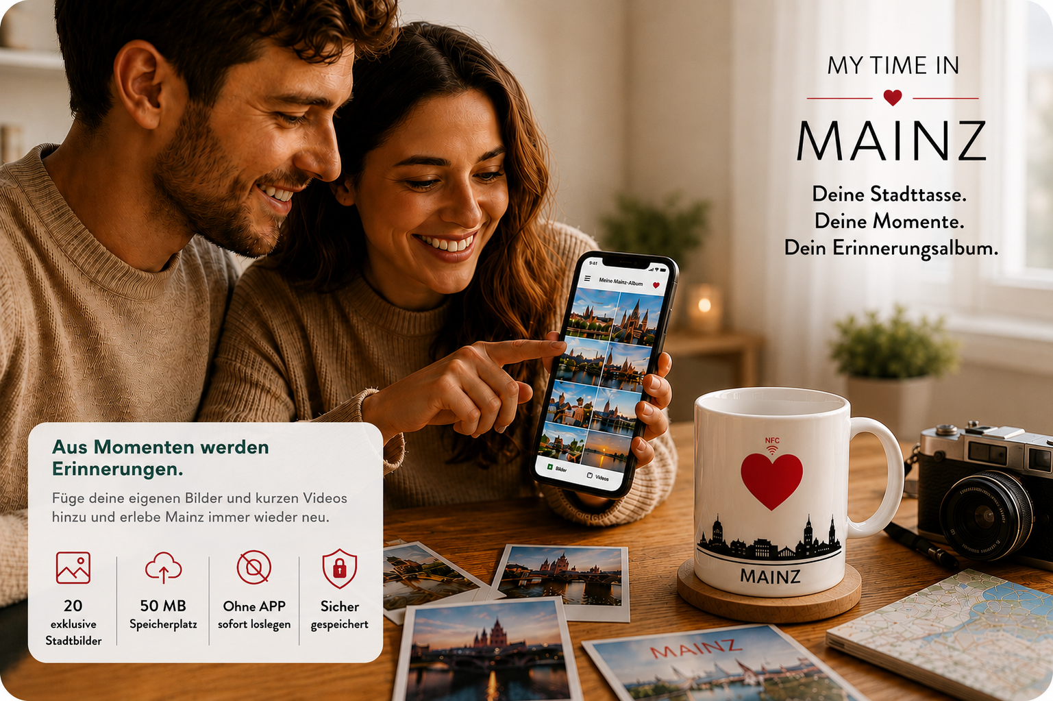 Persönliche Mainz-Erinnerungen mit Smartphone und Stadttasse