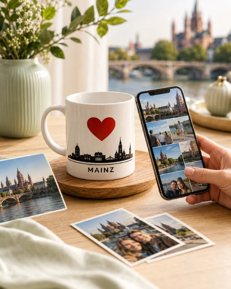 Mainz Stadttasse mit Smartphone und digitaler Slideshow