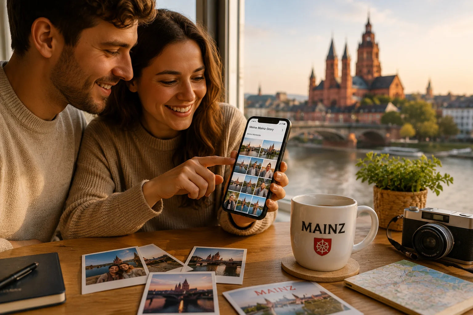 Persönliche Mainz-Erinnerungen mit Smartphone und Stadttasse