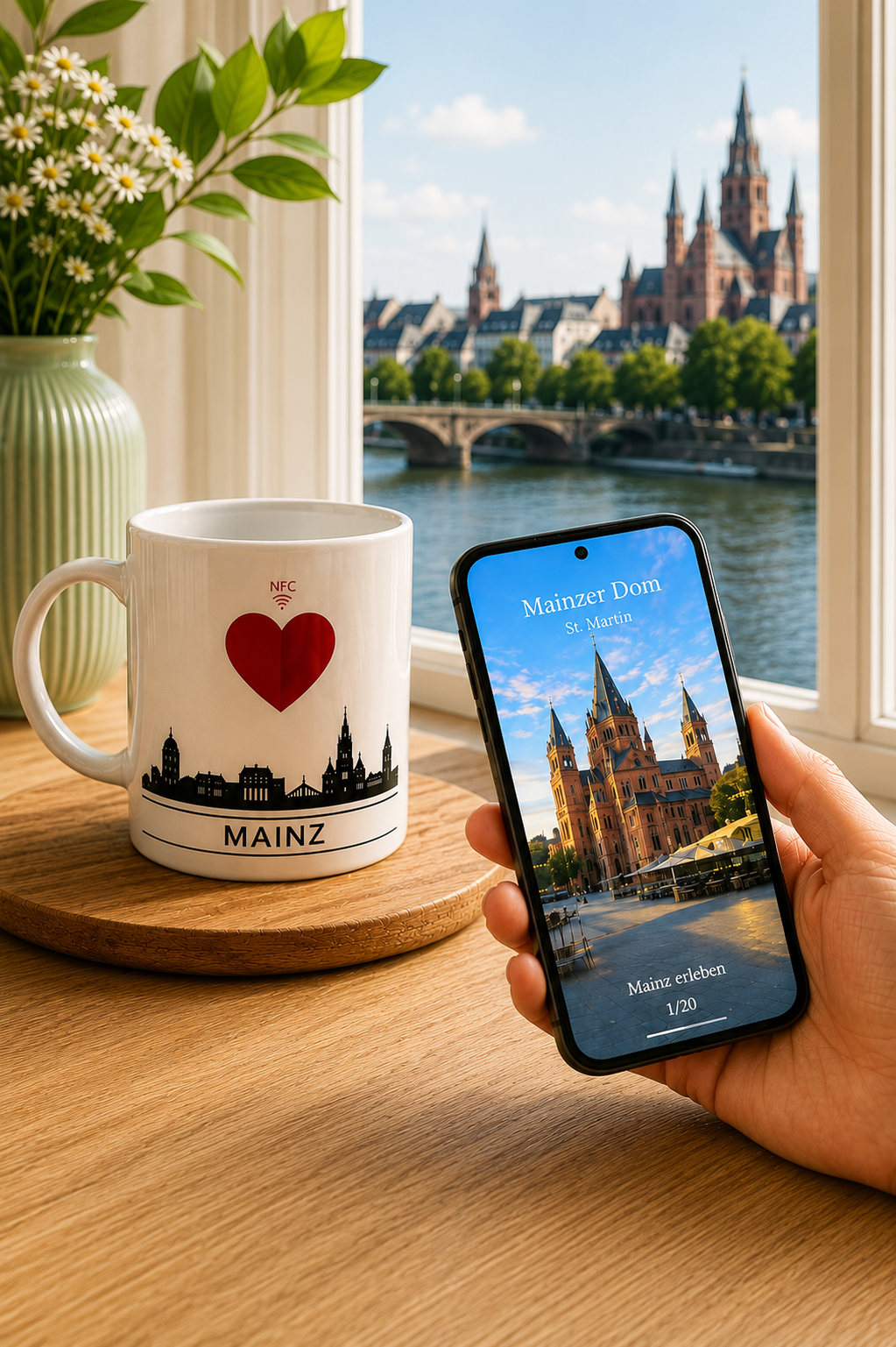 Mainz Stadttasse mit Smartphone und digitaler Slideshow